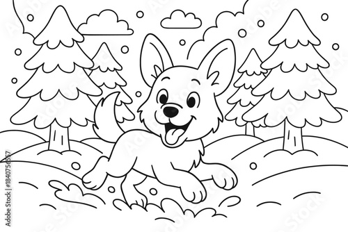 Dog's Snowy Adventure. Winter dog adventure children?s coloring book illustration, outlined drawing, dog