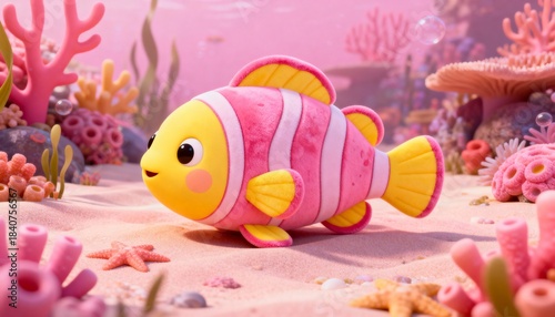 Cute cartoon pink fish in a fluffy underwater scene with soft coral reefs and marine plants — adorable kids ocean illustration in plush art style.