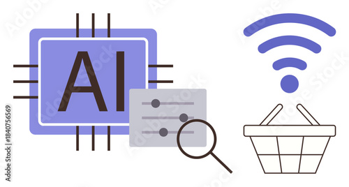 AI chip with control panel, magnifying glass, wireless signal, and shopping basket. Ideal for AI, automation, technology, e-commerce data analysis innovation connectivity. Simple flat metaphor