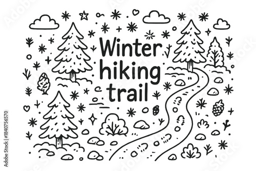 Winter Hiking Adventure. Winter hiking trail. Hand-drawn doodle illustration of Winter hiking trail. trail,