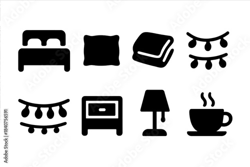 Relaxing Bedroom Icons. Relaxing bedroom. Filled icon set of relaxing bedroom: bed, pillow, blanket, fairy