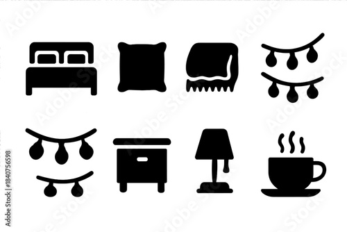 Relaxing Bedroom Icons. Relaxing bedroom. Filled icon set of relaxing bedroom: bed, pillow, blanket, fairy