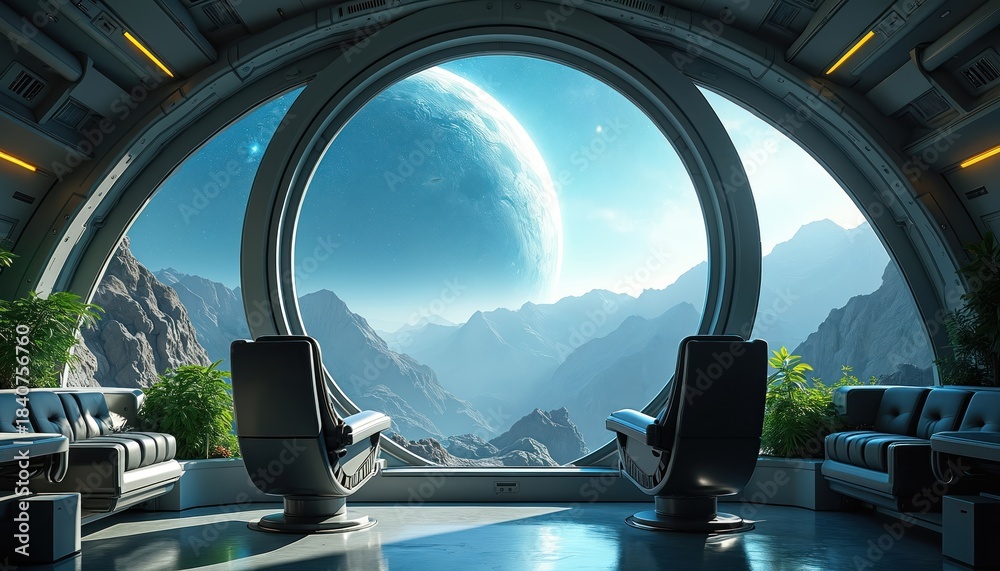 Fototapeta premium Interior view from spaceship observation deck. Futuristic chairs face large window looking onto alien planet mountains and nebula. Rich green plants add life.