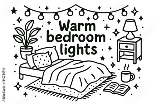 Warm Bedroom Illustration. Warm bedroom lights. Hand-drawn doodle illustration of warm bedroom lights. Bed,