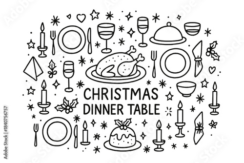 Christmas Feast Doodle. Christmas dinner table. Hand-drawn doodle illustration of Christmas dinner table.