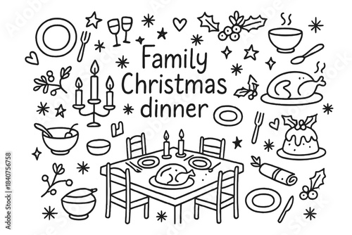 Family Christmas Table. Family Christmas dinner. Hand-drawn doodle illustration of Family Christmas dinner.