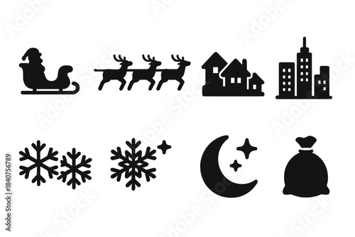 Winter Night Icons. Winter night delivery. Filled icon set of winter night delivery: Santa sleigh, reindeer