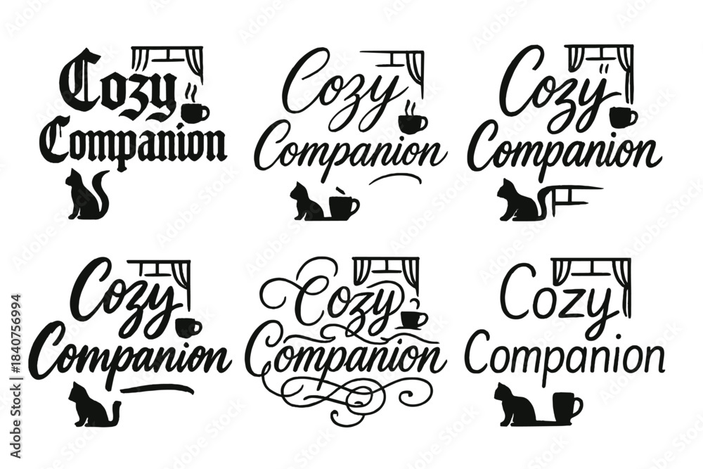 Fototapeta premium Cozy Calligraphy Styles. Cozy Companion. Create a calligraphy lettering illustration of the phrase: Cozy