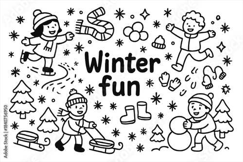Winter Fun Doodle. Winter fun. Hand-drawn doodle illustration of winter fun. Children, snowflakes,