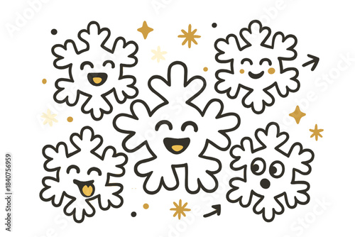 Joyful Snowflake Parade. Emoji snow fun. Group of snowflake emojis with different joyful expressions, floating