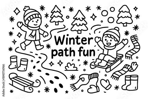 Winter Path Doodle. Winter path fun. Hand-drawn doodle illustration of winter path fun. Kids, snowflakes, snow