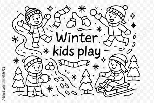 Winter Kids Fun. Winter kids play. Hand-drawn doodle illustration of winter kids play. Snow-covered path,