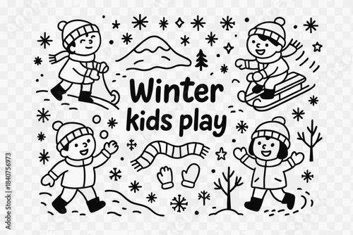 Winter Kids Fun. Winter kids play. Hand-drawn doodle illustration of winter kids play. Snow-covered path,