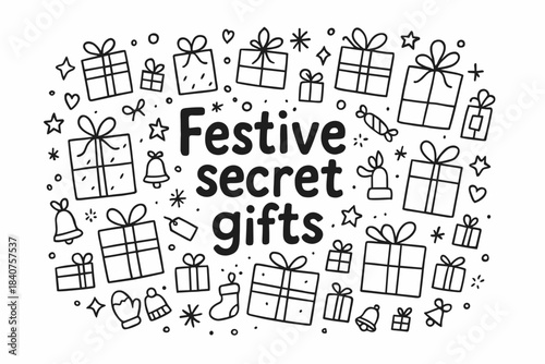 Festive Gift Doodles. Festive secret gifts. Hand-drawn doodle illustration of Festive secret gifts. wrapped