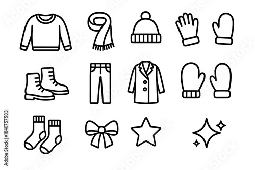 Sweater Weather Icons. Sweater Weather Outfit Flat Lay. Line outline icon set of Sweater Weather Outfit Flat