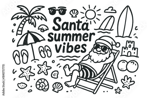 Santa's Beach Adventure. Santa summer vibes. Hand-drawn doodle illustration of Santa summer vibes. Santa Claus