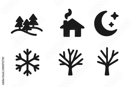 Frosty Landscape Icons. Frosty landscape. Filled icon set of frosty landscape: snow-covered hills, pine trees,