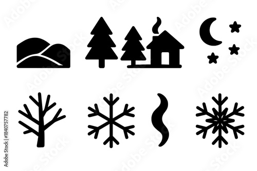 Frosty Landscape Icons. Frosty landscape. Filled icon set of frosty landscape: snow-covered hills, pine trees,