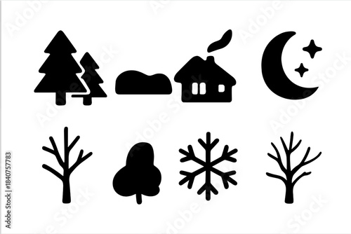 Winter Icon Pack. Winter silhouette pack. Filled icon set of winter silhouette pack: pine trees, snow-covered