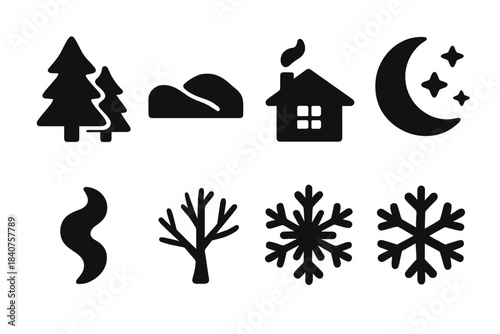 Winter Icon Pack. Winter silhouette pack. Filled icon set of winter silhouette pack: pine trees, snow-covered