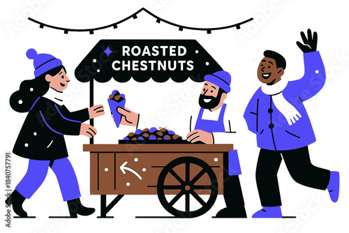 Cozy Winter Chestnut Cart. Roasted chestnuts cart on the street. Small wooden cart with steaming roasted