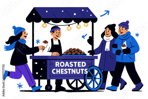 Cozy Winter Chestnut Cart. Roasted chestnuts cart on the street. Small wooden cart with steaming roasted