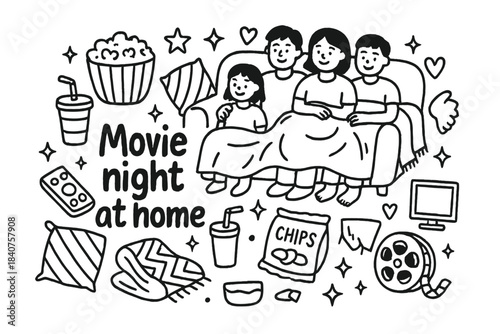Cozy Movie Night Doodle. Movie night at home. Hand-drawn doodle illustration of movie night at home. Family