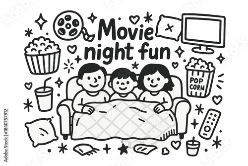 Family Movie Night Doodle. Movie night fun. Hand-drawn doodle illustration of movie night fun. Family members,