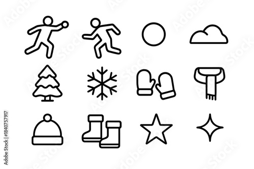 Christmas Snowball Icons. Christmas Snowball Fight. Line outline icon set of Christmas Snowball Fight: person