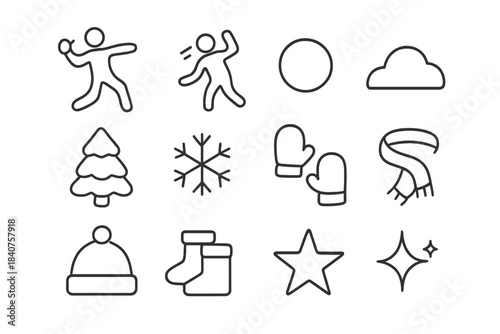 Holiday Snowball Icons. Holiday Snowball Fun. Line outline icon set of Holiday Snowball Fun: person throwing