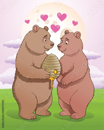 illustration of a male bear giving a  bee hive full of honey for her girlfriend on pink background