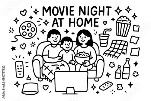 Cozy Movie Night Doodle. Movie night at home. Hand-drawn doodle illustration of movie night at home. Family