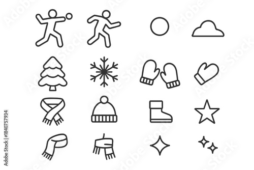 Christmas Snowball Icons. Christmas Snowball Fight. Line outline icon set of Christmas Snowball Fight: person