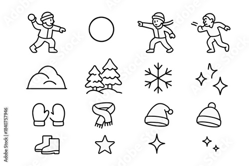 Winter Snowball Icons. Winter Snowball Fun. Line outline icon set of Winter Snowball Fun: kids throwing