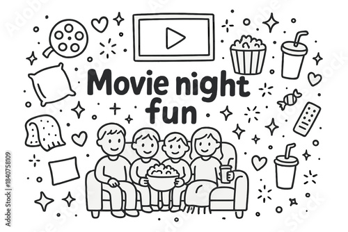 Movie Night Doodle. Movie night fun. Hand-drawn doodle illustration of Movie night fun. sofa, family members,