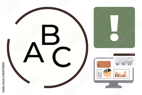 Letters within a semi-circle, green alert mark, and monitor with graphs suggest analytics, learning, and focus. Ideal for education, productivity, data analysis, communication planning