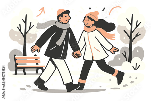 Cozy Winter Walk. Cozy winter stroll. Couple walking hand in hand on snow-covered paths, small footprints