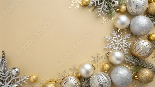 A border of silver and gold Christmas ornaments on a beige background.