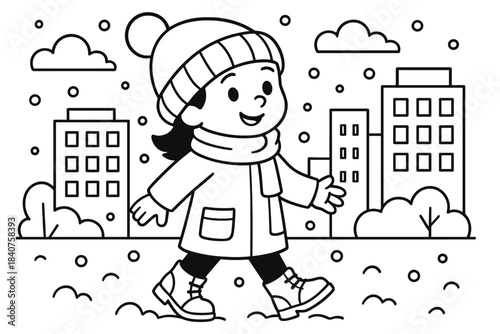 Winter Fashion Kid. Winter urban outfit children?s coloring book, outlined drawing, character wearing a beanie