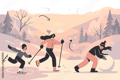 Winter Morning Glow. Winter morning glow. Snowy hills and forests bathed in soft pastel sunrise light, frost