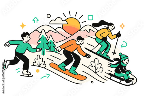 Snowy Sunrise Bliss. Snowy hill sunrise. Gentle hills blanketed in snow, first rays of sunlight creating warm