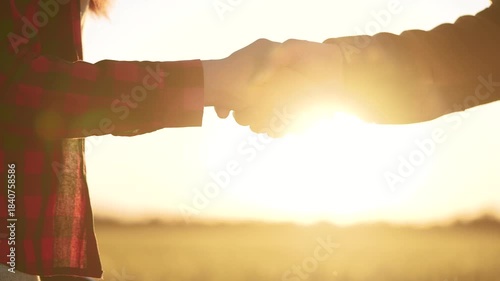 handshake farmers business contract. agriculture business farm concept. handshake business contract of two farmers close-up. handshake workers in a field with wheat at lifestyle sunset
