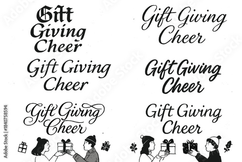Calligraphy Gift Fest. Gift Giving Cheer. Create a calligraphy lettering illustration of the phrase: Gift