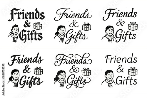 Calligraphy Holiday Joy. Friends & Gifts. Create a calligraphy lettering illustration of the phrase: Friends &