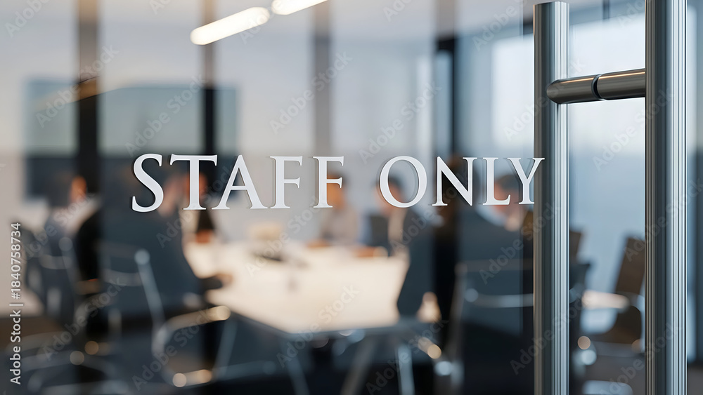 Fototapeta premium Etched glass door clearly displays the words staff only restricting access to a blurred corporate meeting room where business professionals are seated around a table