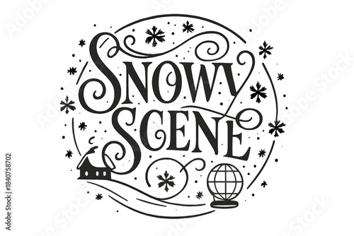 Elegant Winter Flourish. Snowy Scene ? Flourish Lettering with elegant swashes and curls around tall serif