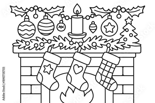 Christmas Mantel Coloring Page. Christmas decorations on mantel children?s coloring book illustration,