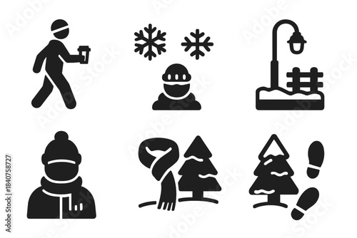 Winter Walk Icons. Winter walk with takeaway coffee. Filled icon set of winter walk with takeaway coffee: