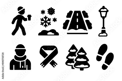 Winter Icon Collection. Snowy walk with coffee. Filled icon set of snowy walk with coffee: person with