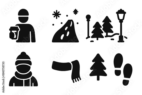 Winter Coffee Icons. Snowy path with coffee. Filled icon set of snowy path with coffee: person holding